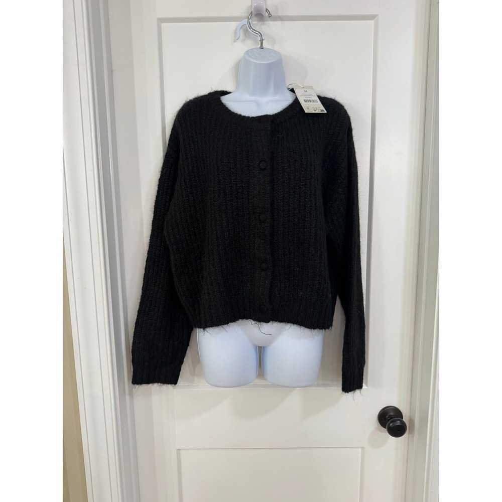 NA-KD Black Fuzzy Ribbed Knit Button Front Cardigan Sweater Size M NEW